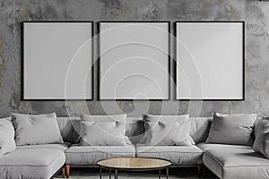 Set of three empty frames for wall art mock up. Modern living room with grey couch and coffee table