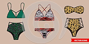 A set of three fashionable bikini swimsuits with animal print Zebra, leopard .Bottoms with a high waist.Vector swimwear