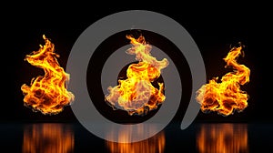 A set of three fire flames on a black background