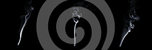 Set of three flowing smoke on black background, white vapor, abstract flow of cigarette smoke, aroma stick smoke