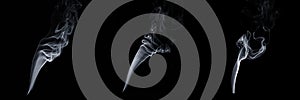 Set of three flowing smoke on black background, white vapor, abstract flow of cigarette smoke, aroma stick smoke