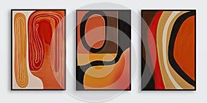 A set of three framed abstract paintings, in the style of soft and rounded forms