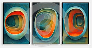 A set of three framed postres art with orange and blue shapes, in the style of surreal organic forms photo
