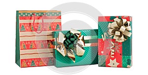 Set three gift box bag red green gold shiny paper wrap ribbon bow isolated