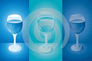 Set of three glasses of wine or champagne with bubbles in three color combinations.