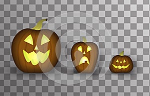 Set of Three glowing carved Halloween pumpkins isolated vector