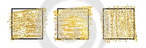 Set of three golden paint glittering backdrops with black square frames