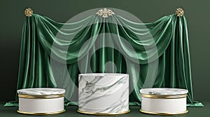 A set of three green velvet curtains and marble vases