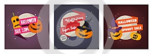 Set of three Halloween sale banners with pumpkin heads