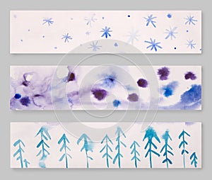 Set of three hand drawn watercolor header designs, blue, gray and pink color palette, blog design elements, winter theme