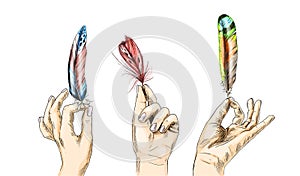 Set of three hands holding bird feathers