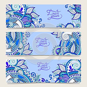Set of three horizontal banners with decorative ornamental flowers