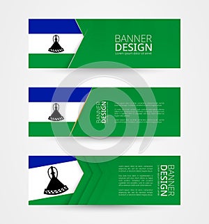 Set of three horizontal banners with flag of Lesotho. Web banner design template in color of Lesotho flag