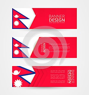 Set of three horizontal banners with flag of Nepal. Web banner design template in color of Nepal flag