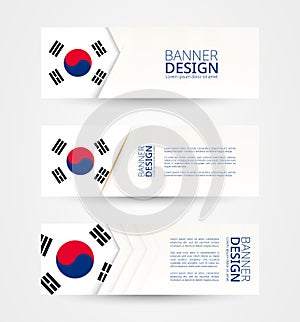 Set of three horizontal banners with flag of South Korea. Web banner design template in color of South Korea flag