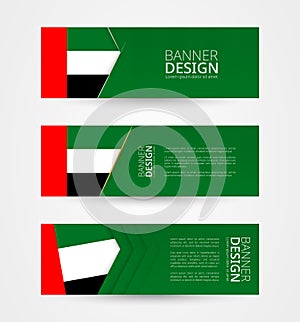 Set of three horizontal banners with flag of United Arab Emirates. Web banner design template in color of UAE flag