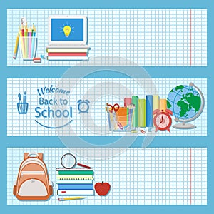Set of three horizontal banners with school supplies.