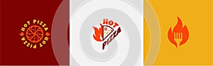 Set of three hot fast food and pizza vector logos.