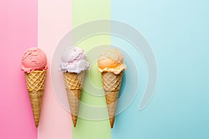 Set of three Ice Cream with different tastes blueberry, strawberry and mango in various colorful cones arranged in a row