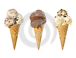 Set of three ice cream in waffle cone isolated on white