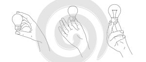 Set of three illustrations of hand holding a light bulb in different gesture position view, isolated simple linear graphic