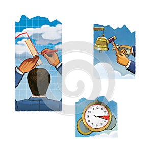 Set of three illustrations. The man is drawing a schedule. The man is tapping the bell with a hammer. Clock and money against