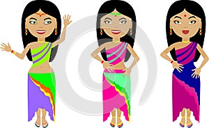 A set of three Indian girls in colorful clothes