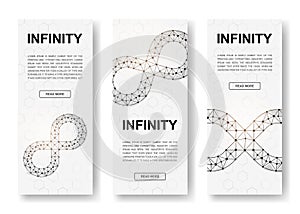 Set of three Infinity polygonal vertical banners. 3d Unlimited low poly symbols with connected dots. Vertical