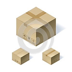 Set of three isometric cardboard boxes isolated on white background. Vector illustration.