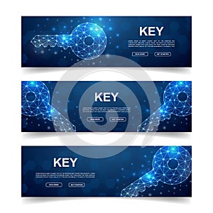 Set of three Key horizontal banners. Horizontal illustration for homepage design, promo banner. Blue Key low poly