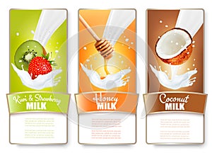 Set of three labels of fruit and berries in milk splashes.