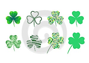 Set of three leaf clover. Four leaf clover. mosaic. Isolated elements. Symbol of St. Patrick`s Day. Vector