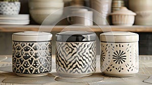 A set of three lidded ceramic canisters each one featuring a different geometric pattern and perfect for storing dry photo