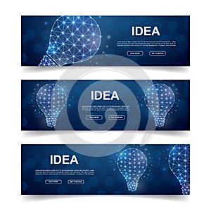 Set of three Light bulb horizontal banners. Horizontal illustration for homepage design, promo banner. Innovation low