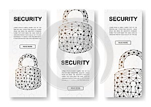 Set of three Locks polygonal vertical banners. 3d Cyber security low poly symbols with connected dots. Vertical