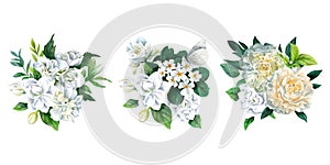 Set of three lush white floral bouquets, hand drawn