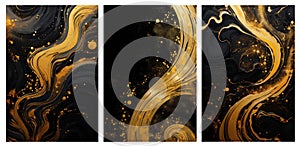 Set of three luxury golden marble texture with black and gold flowing shapes.