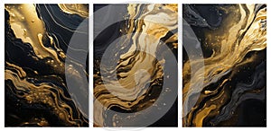 Set of three luxury golden marble texture with black and gold flowing shapes.