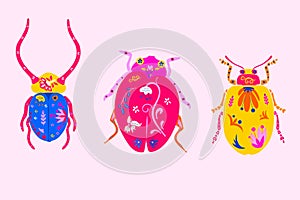 Set of Three Mexican Alebrije Beetles in Folk Art Style