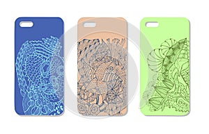 A set of three mobile phone cases. Vector background in zentangle style. Handdrawn elements.