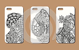 A set of three mobile phone cases. Vector background in zentangle style. Handdrawn elements.