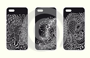 A set of three mobile phone cases. Vector background in zentangle style. Handdrawn elements.