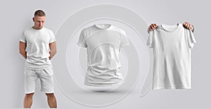 A set of three mockups of a white T-shirt on a man, 3d and in his hands