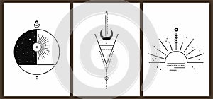 Set of three monochrome aesthetic geometric harmonious vintage backgrounds with solar system elements.