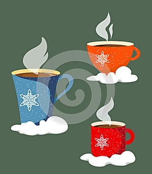 A set of three mugs standing in the snow, mugs with snowflakes and texture of snow.