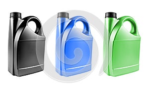 Set of three new plastic oil canister isolated on white background.  Storage Tank. Canister for gasoline, diesel and gas. Black,