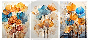 Set of three orange and blue flowers and leaves watercolor painting .