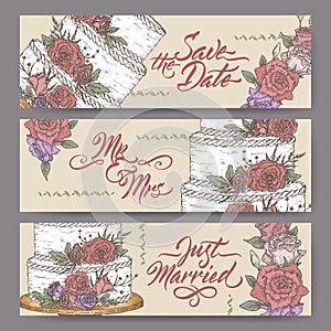 Set of three original wedding banners based on cake color sketch and brush calligraphy.