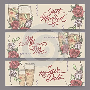 Set of three original wedding banners based on wine glass color sketch and brush calligraphy.