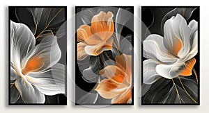 A set of three paintings of flowers on a black background with orange and white petals.